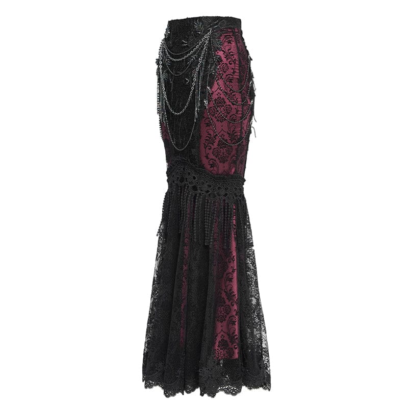 EVA LADY Women's Gothic Floral Lace Beaded Chained Long Skirt Black-Red