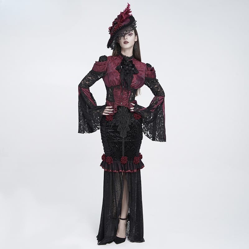 EVA LADY Women's Gothic Floral Lace Patchwork Jacquard Flare Sleeve Blouse