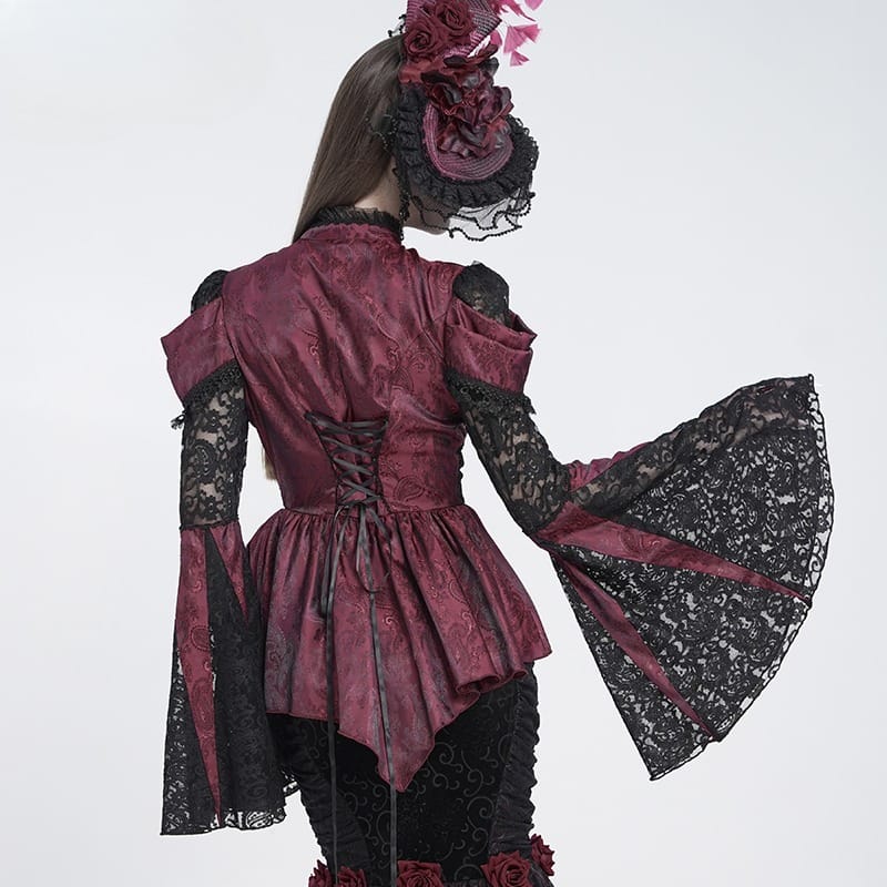 EVA LADY Women's Gothic Floral Lace Patchwork Jacquard Flare Sleeve Blouse