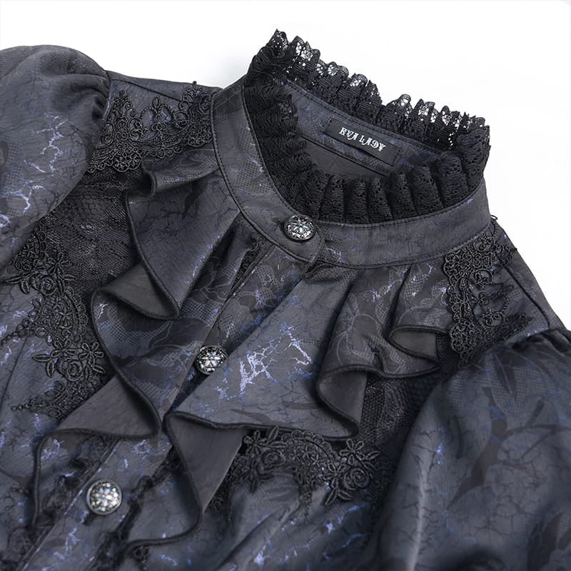 EVA LADY Women's Gothic Floral Lace Patchwork Lace-up Puff Flare Sleeve Blouse