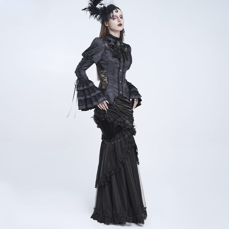 EVA LADY Women's Gothic Floral Lace Patchwork Lace-up Puff Flare Sleeve Blouse