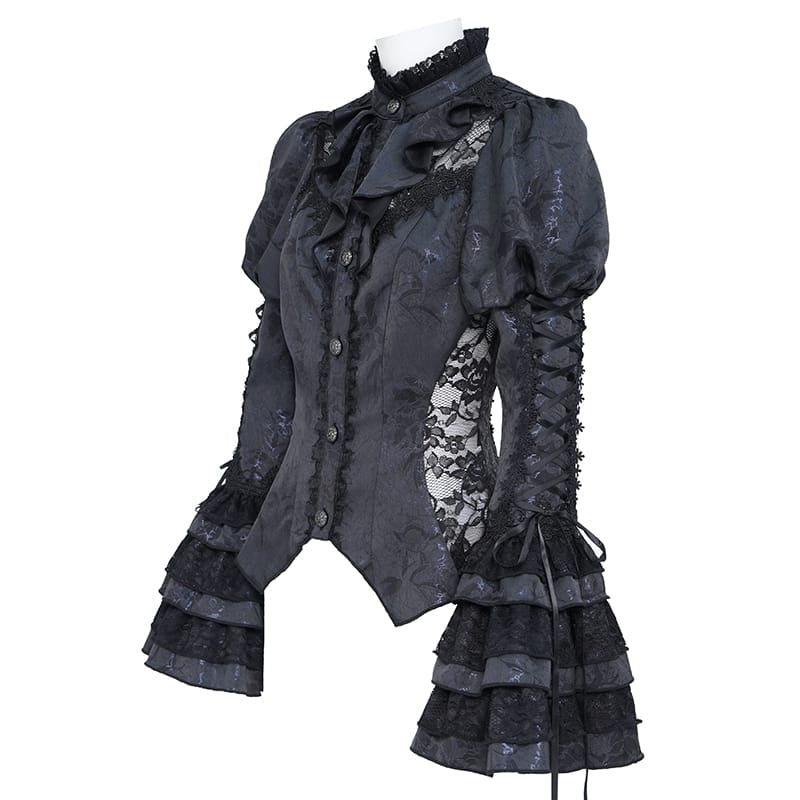 EVA LADY Women's Gothic Floral Lace Patchwork Lace-up Puff Flare Sleeve Blouse