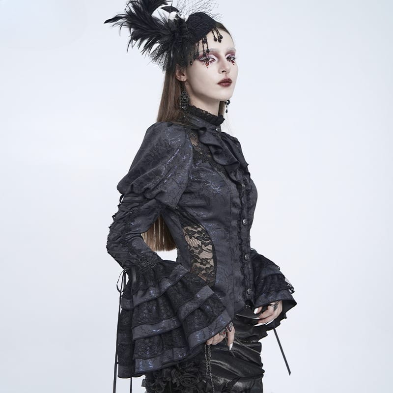EVA LADY Women's Gothic Floral Lace Patchwork Lace-up Puff Flare Sleeve Blouse