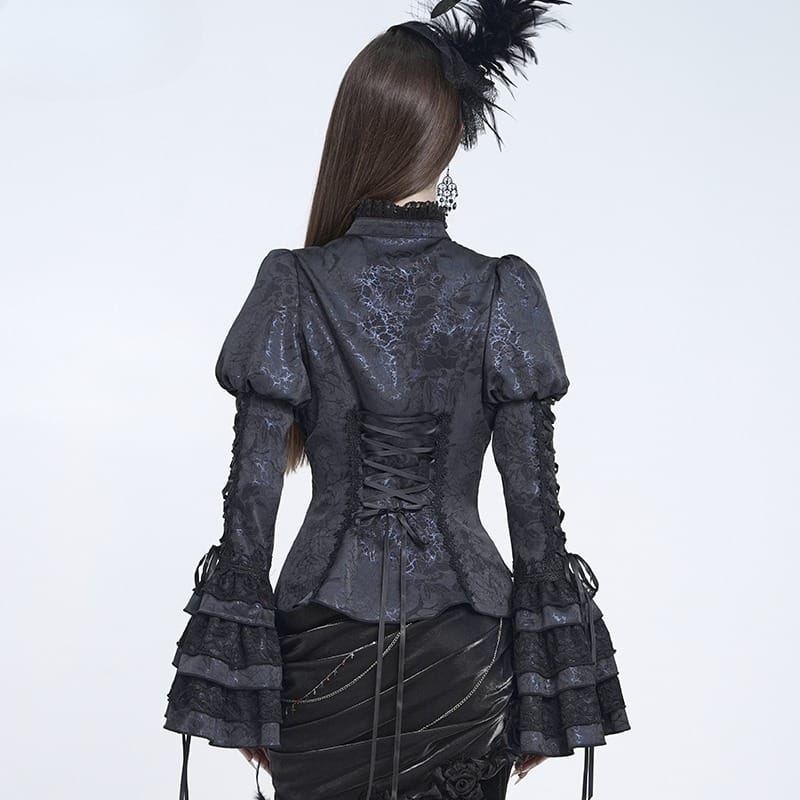 EVA LADY Women's Gothic Floral Lace Patchwork Lace-up Puff Flare Sleeve Blouse