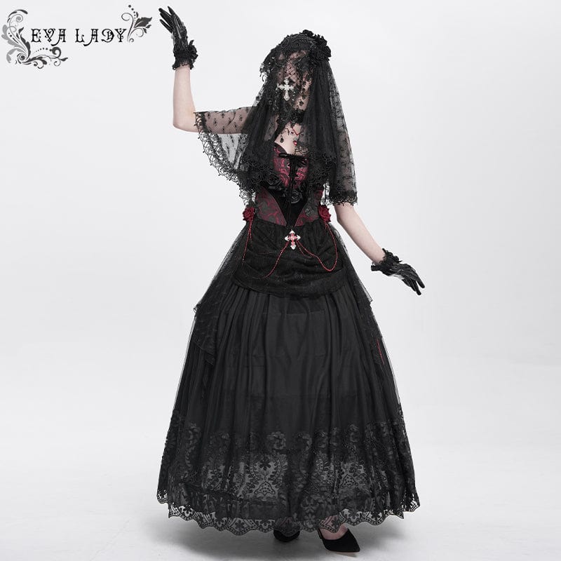 EVA LADY Women's Gothic Floral Mesh Splice Skirt Black