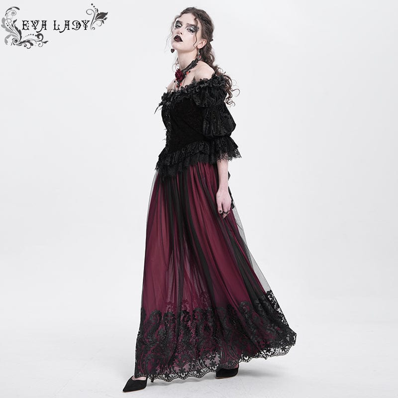 EVA LADY Women's Gothic Floral Mesh Splice Skirt Red