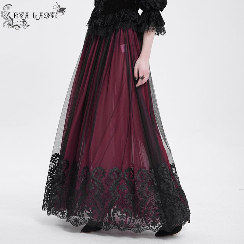 EVA LADY Women's Gothic Floral Mesh Splice Skirt Red