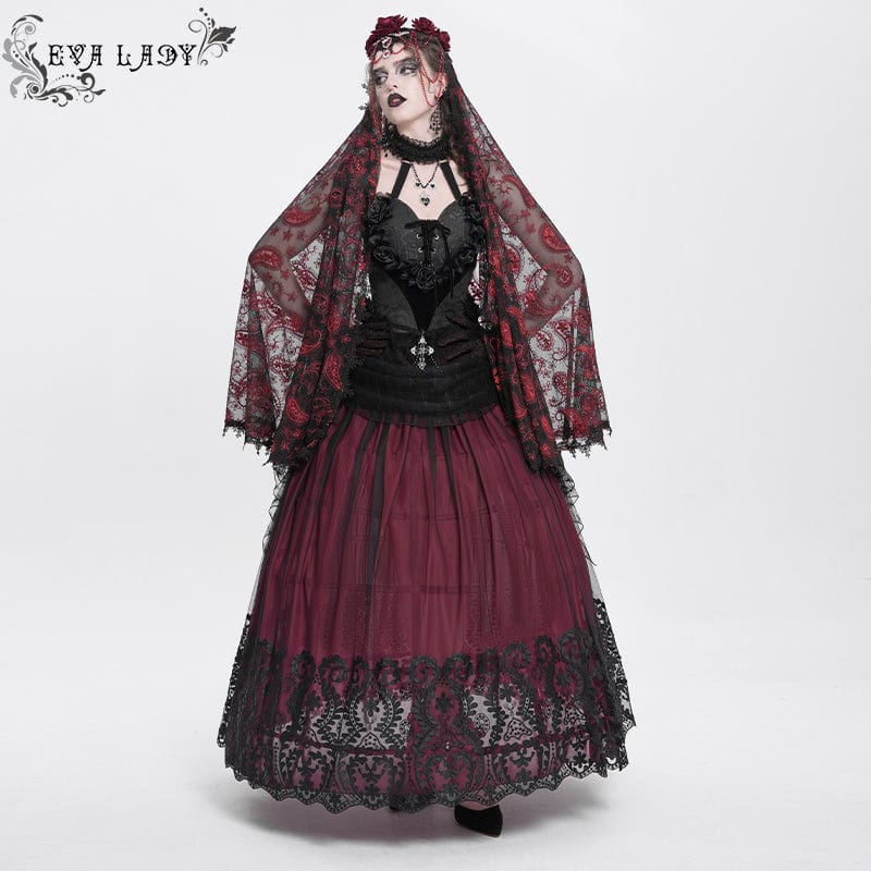 EVA LADY Women's Gothic Floral Mesh Splice Skirt Red