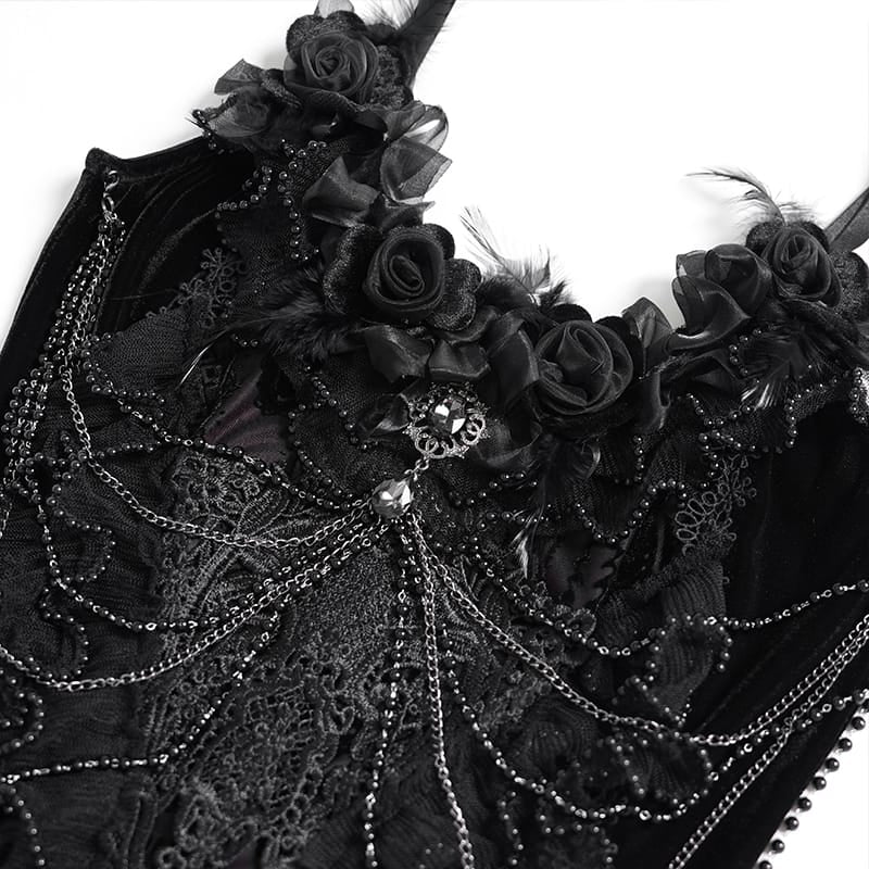 EVA LADY Women's Gothic Floral Side Lace-up Beaded Ruffle Chain  Slip Dress