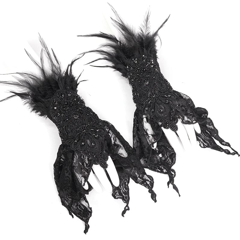 EVA LADY Women's Gothic Irregular Feather Beaded Black Lace Gloves