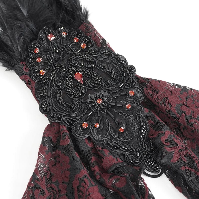 EVA LADY Women's Gothic Irregular Feather Beaded Red Lace Gloves