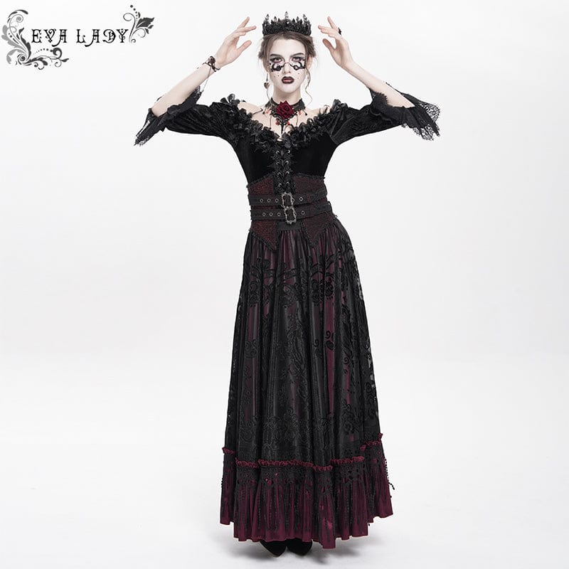 EVA LADY Women's Gothic Jacquard Tassels Buckle-up Long Skirt Red