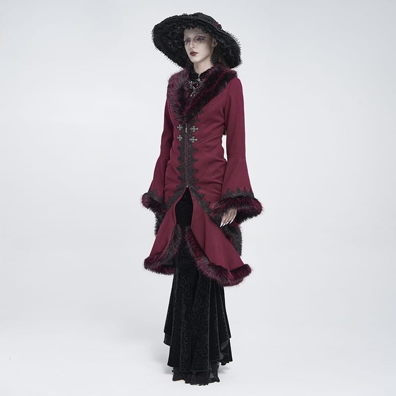 EVA LADY Women's Gothic Lace Applique Faux Fur Trim Flare Sleeve Coat