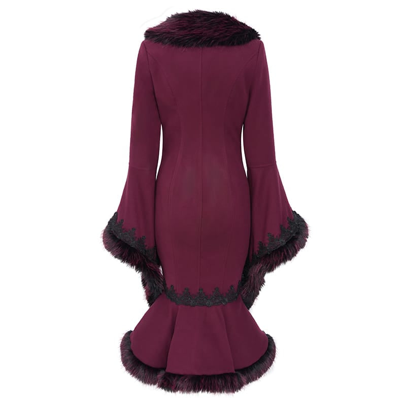 EVA LADY Women's Gothic Lace Applique Faux Fur Trim Flare Sleeve Coat
