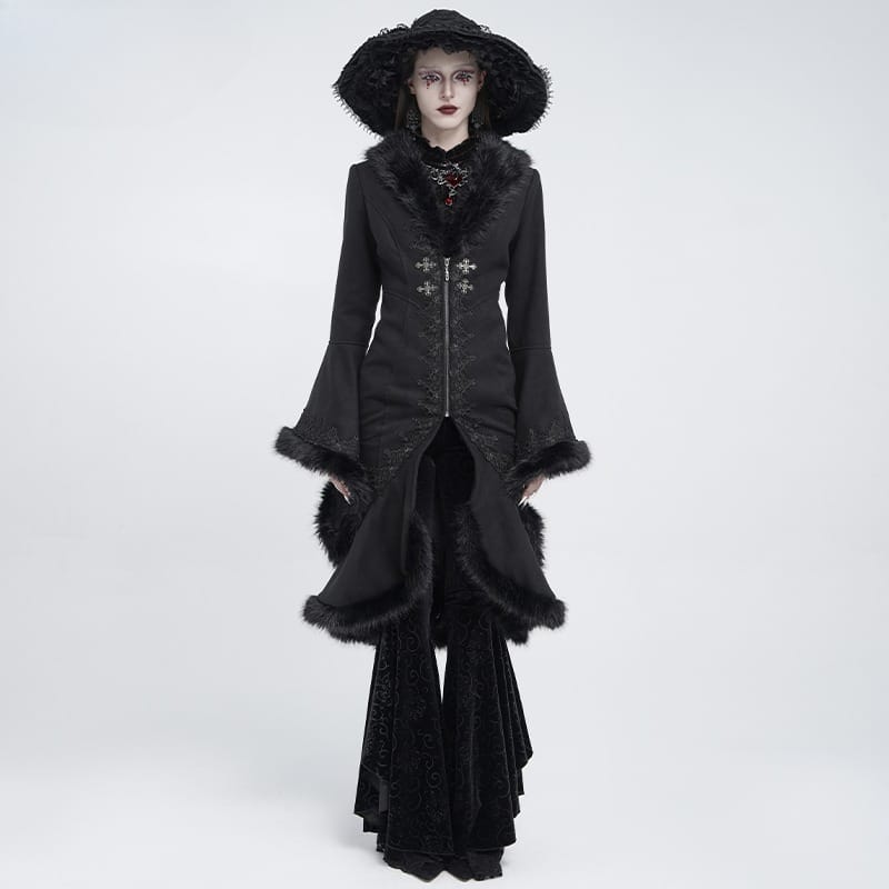 EVA LADY Women's Gothic Lace Applique Faux Fur Trim Front Zipper Coat