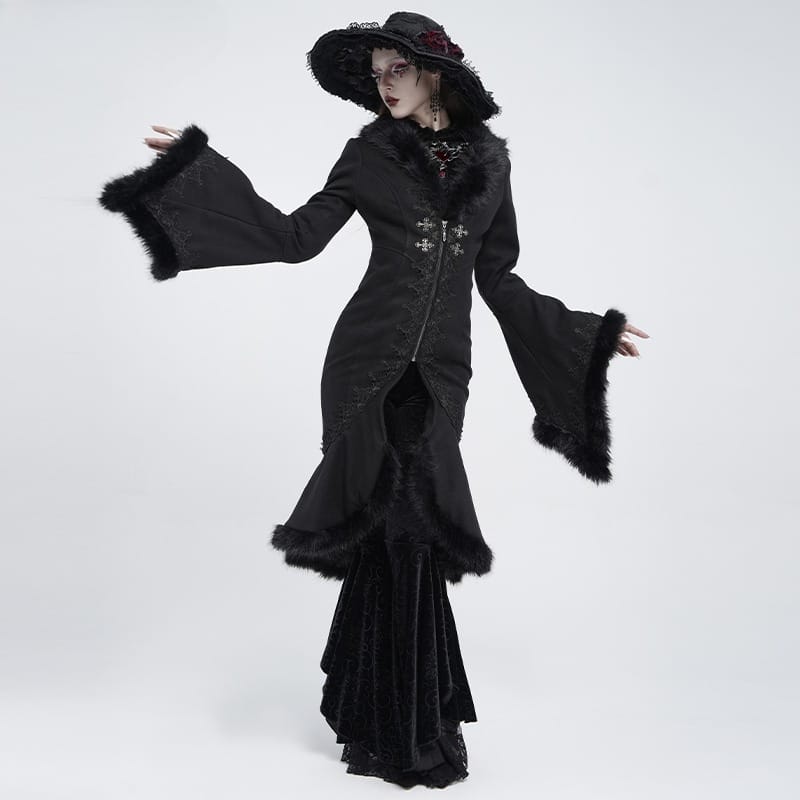 EVA LADY Women's Gothic Lace Applique Faux Fur Trim Front Zipper Coat