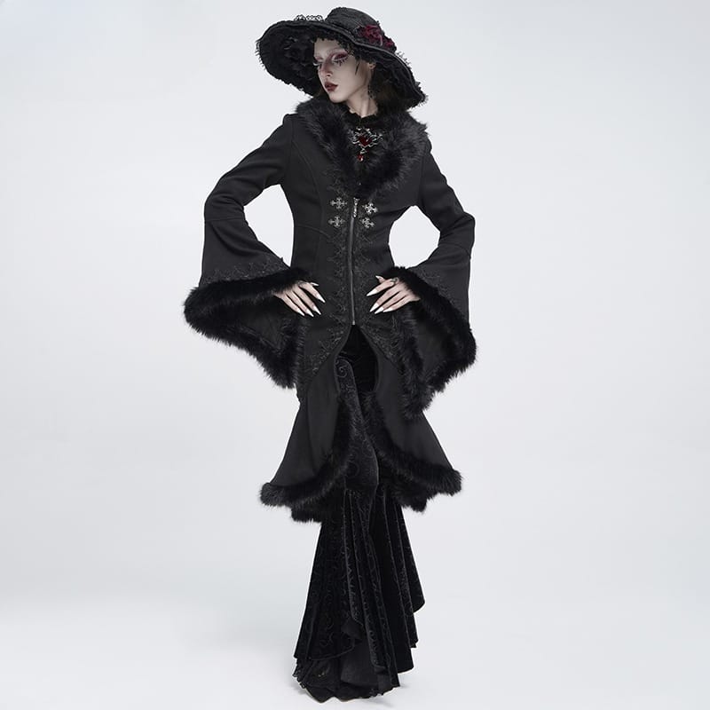EVA LADY Women's Gothic Lace Applique Faux Fur Trim Front Zipper Coat