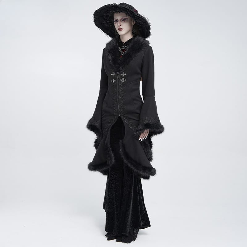 EVA LADY Women's Gothic Lace Applique Faux Fur Trim Front Zipper Coat