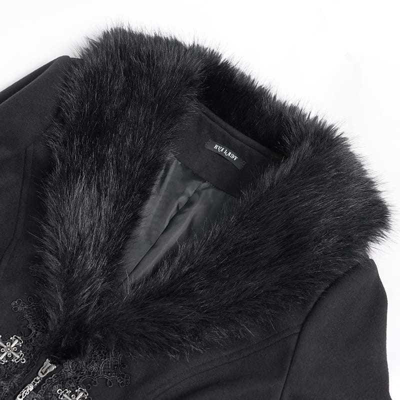 EVA LADY Women's Gothic Lace Applique Faux Fur Trim Front Zipper Coat