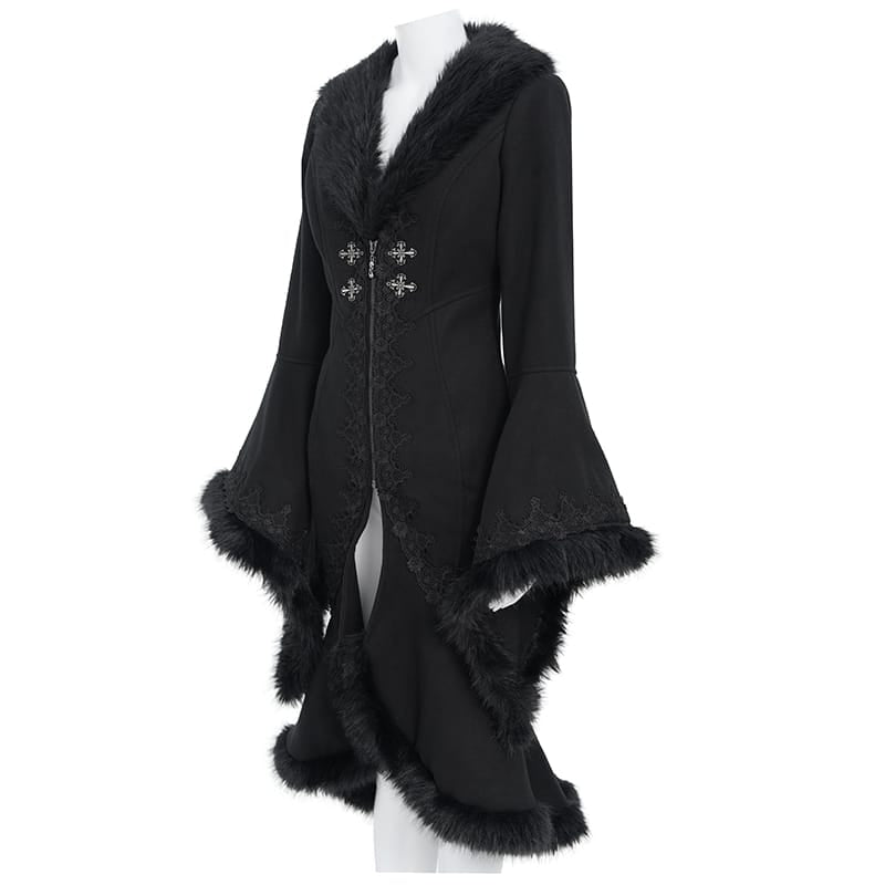 EVA LADY Women's Gothic Lace Applique Faux Fur Trim Front Zipper Coat