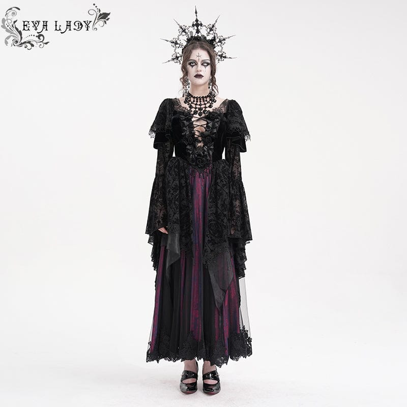 EVA LADY Women's Gothic Lace Crochet Long Sleeved Dress Wedding Dress Black Purple