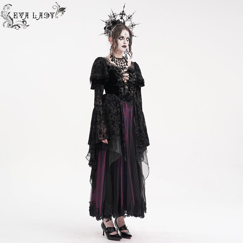 EVA LADY Women's Gothic Lace Crochet Long Sleeved Dress Wedding Dress Black Purple