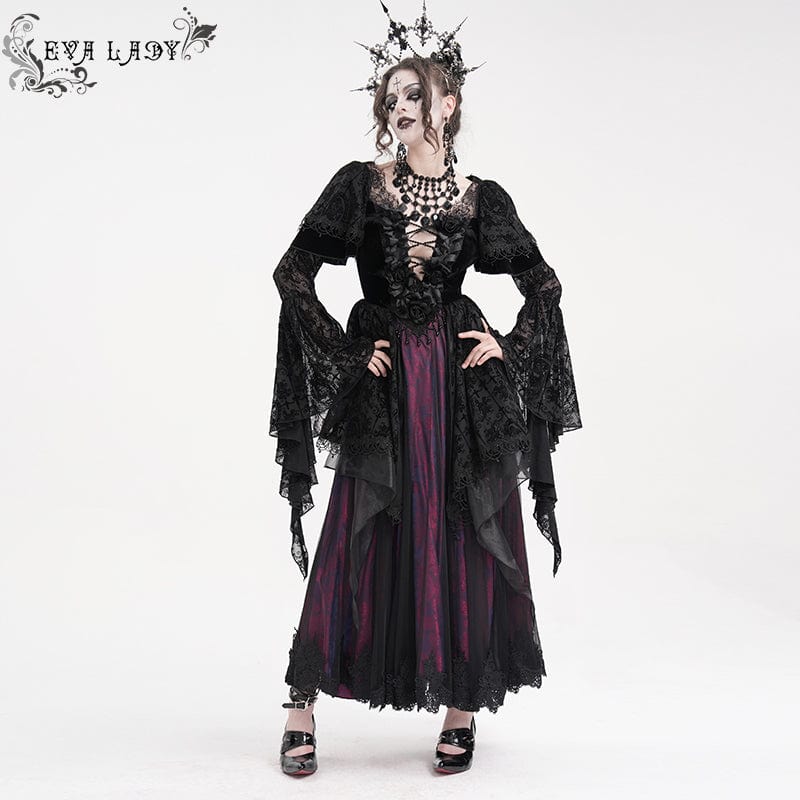 EVA LADY Women's Gothic Lace Crochet Long Sleeved Dress Wedding Dress Black Purple