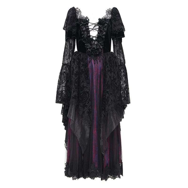 EVA LADY Women's Gothic Lace Crochet Long Sleeved Dress Wedding Dress Black Purple