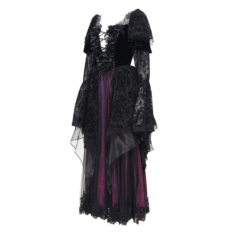 EVA LADY Women's Gothic Lace Crochet Long Sleeved Dress Wedding Dress Black Purple