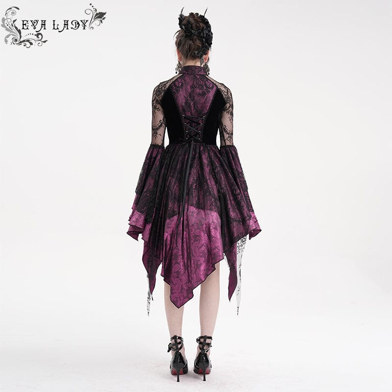 EVA LADY Women's Gothic Lace Lace-up Long Sleeved Dress Black Purple