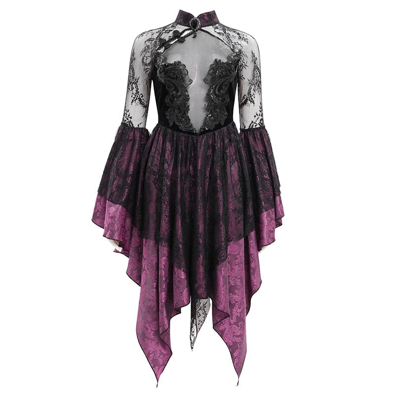 EVA LADY Women's Gothic Lace Lace-up Long Sleeved Dress Black Purple