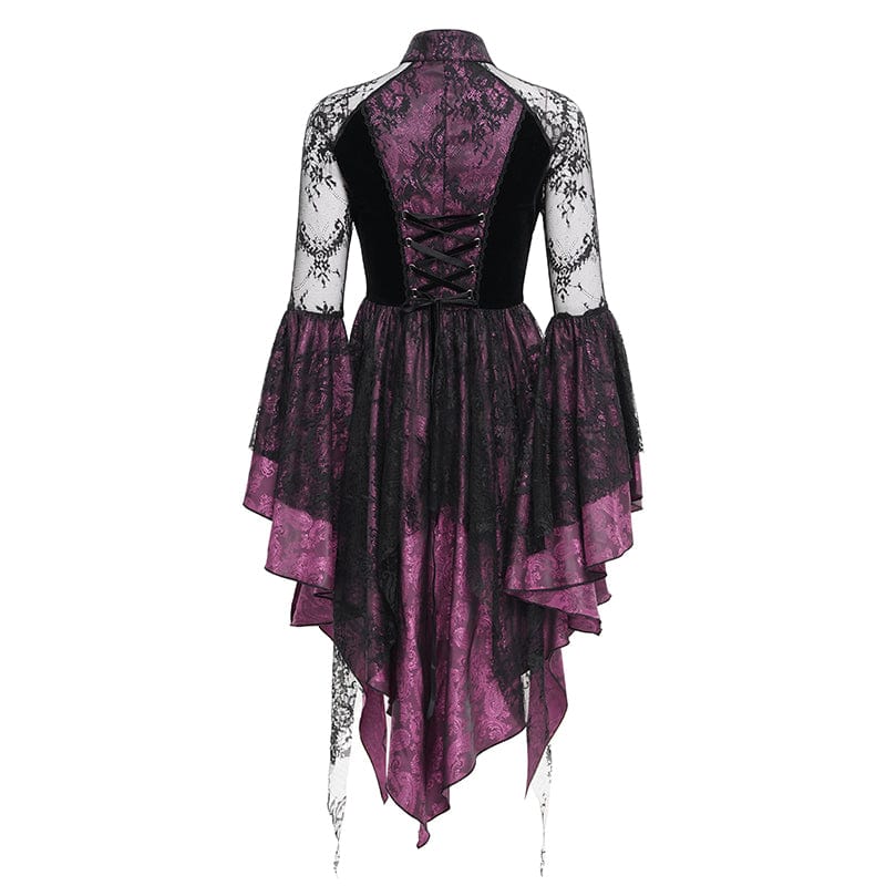 EVA LADY Women's Gothic Lace Lace-up Long Sleeved Dress Black Purple