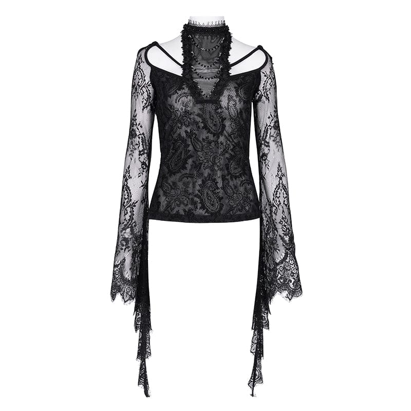 EVA LADY Women's Gothic Lace Ripped Long Sleeved Shirt