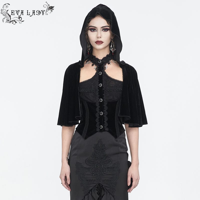 EVA LADY Women's Gothic Lace Splice Cape with Halterneck Velvet Top