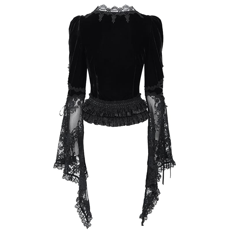 EVA LADY Women's Gothic Lace Splice Lace-up Long Sleeve Velvet Blouse