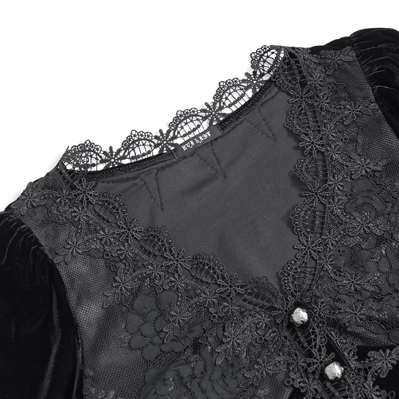 EVA LADY Women's Gothic Lace Splice Lace-up Long Sleeve Velvet Blouse