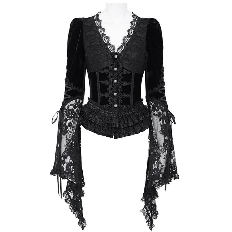 EVA LADY Women's Gothic Lace Splice Lace-up Long Sleeve Velvet Blouse