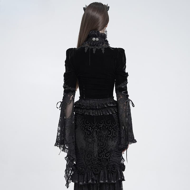 EVA LADY Women's Gothic Lace Splice Lace-up Long Sleeve Velvet Blouse