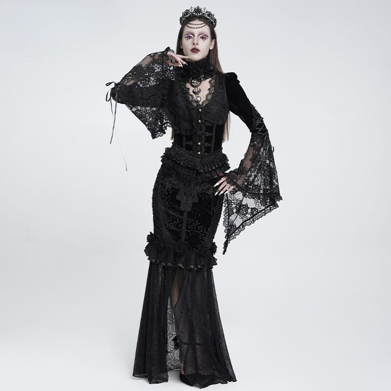 EVA LADY Women's Gothic Lace Splice Lace-up Long Sleeve Velvet Blouse