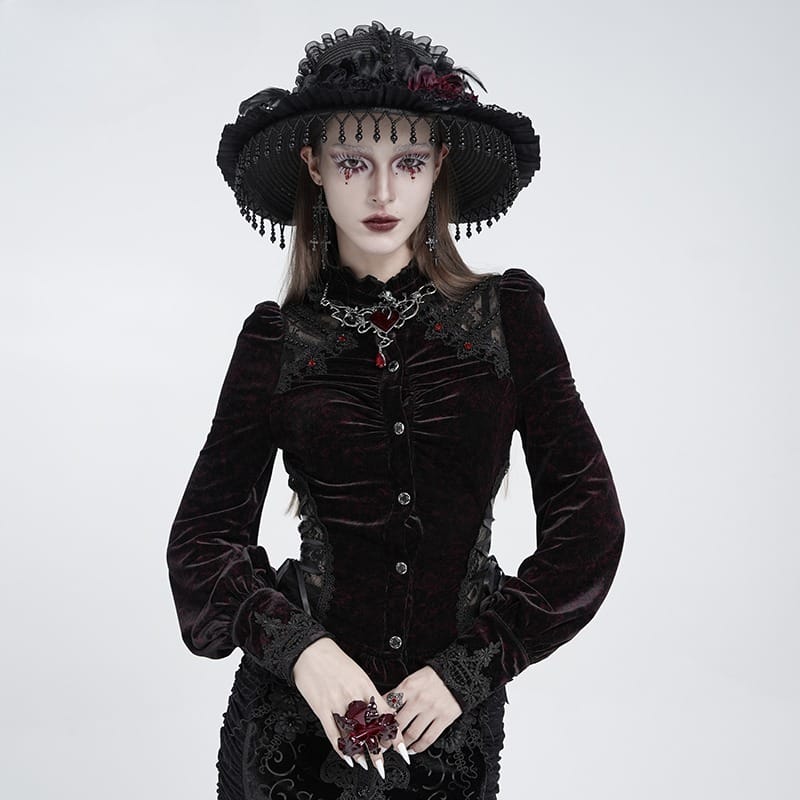 EVA LADY Women's Gothic Lace Splice Lace-up Long Sleeve Velvet Blouse