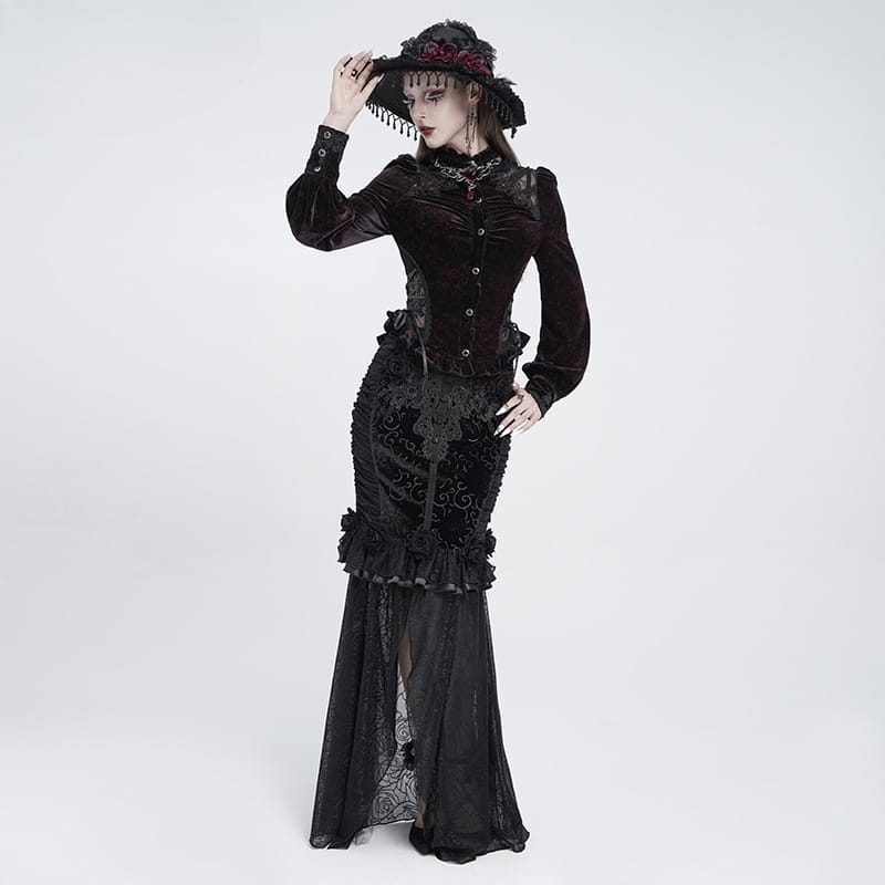 EVA LADY Women's Gothic Lace Splice Lace-up Long Sleeve Velvet Blouse