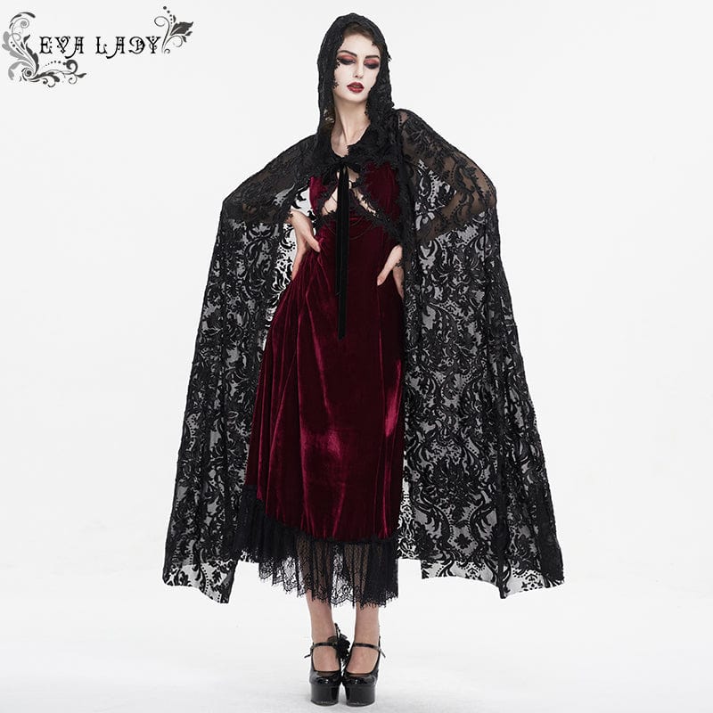 EVA LADY Women's Gothic Lace-up Flocking Lace Cloak with Hood