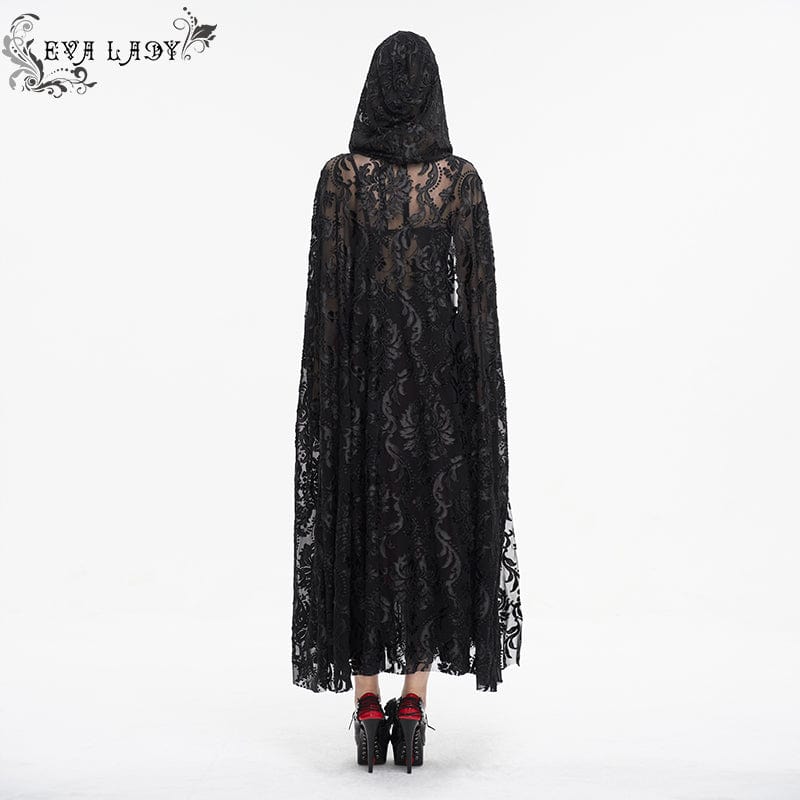 EVA LADY Women's Gothic Lace-up Flocking Lace Cloak with Hood