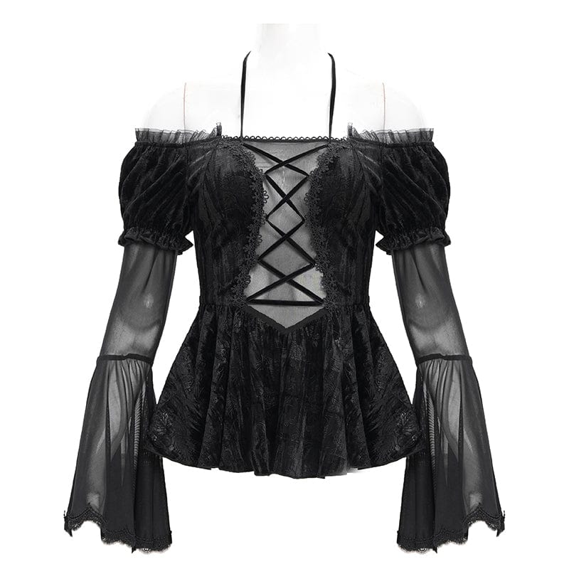 EVA LADY Women's Gothic Lace-up Mesh Halter Long Sleeved Shirt