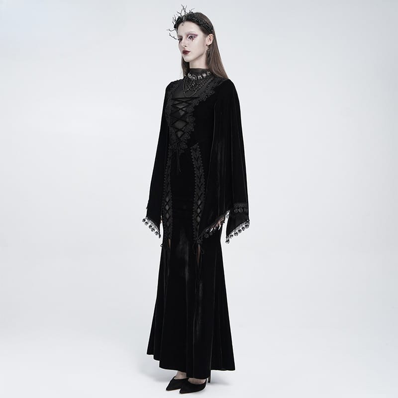 EVA LADY Women's Gothic Lace-up Mesh Splice Plunging V-neck Velvet Maxi Dress Black