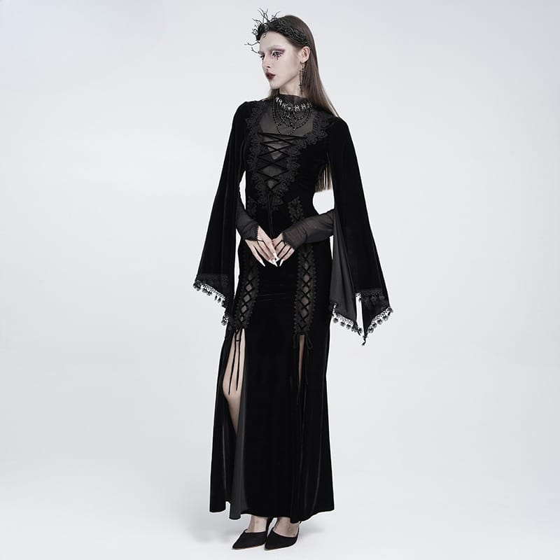 EVA LADY Women's Gothic Lace-up Mesh Splice Plunging V-neck Velvet Maxi Dress Black