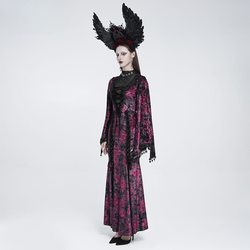 EVA LADY Women's Gothic Lace-up Mesh Splice Plunging V-neck Velvet Maxi Dress Black-Red