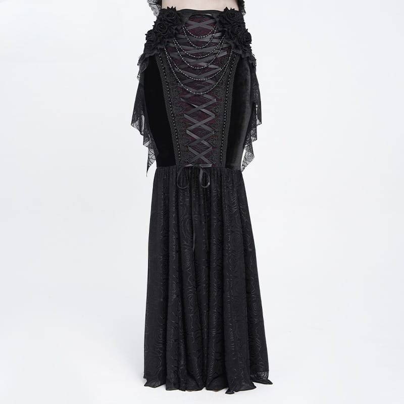 EVA LADY Women's Gothic Lace-up Rose Beaded Chain Mermaid Long Skirt