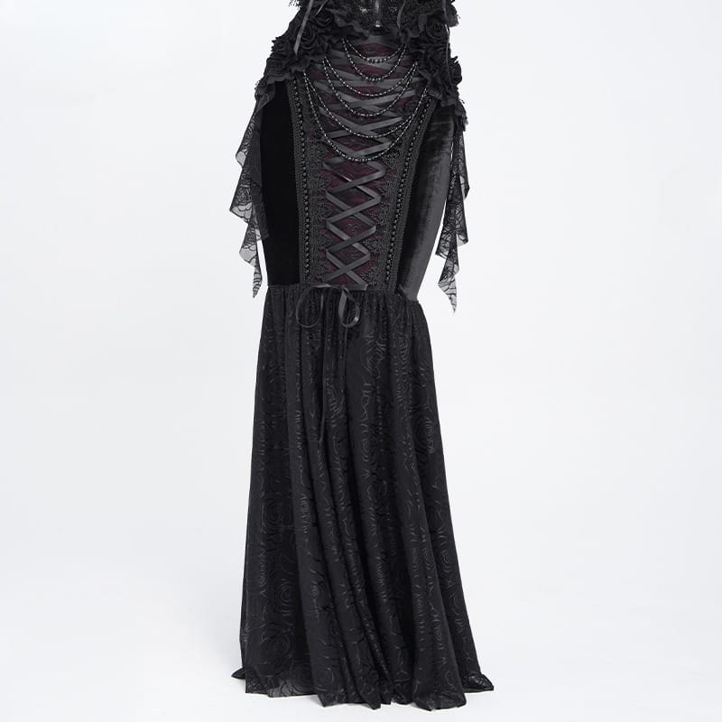 EVA LADY Women's Gothic Lace-up Rose Beaded Chain Mermaid Long Skirt