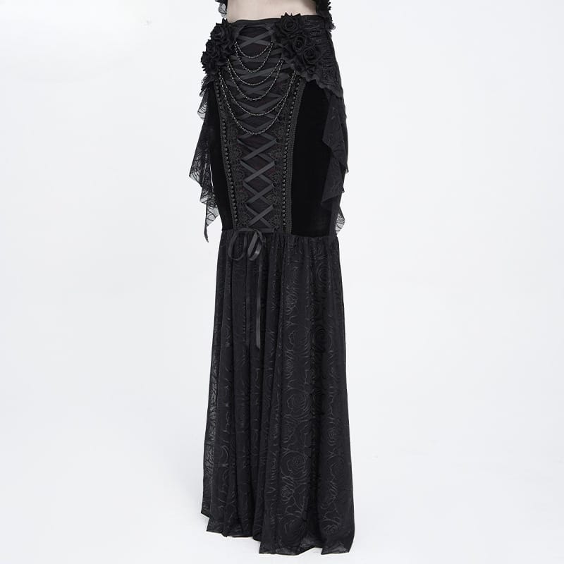EVA LADY Women's Gothic Lace-up Rose Beaded Chain Mermaid Long Skirt